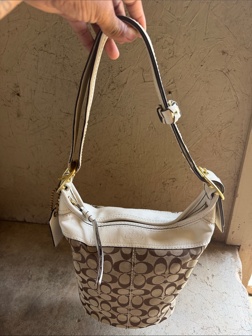 Coach Brown Signature Canvas Hobo with White Leather Trim
